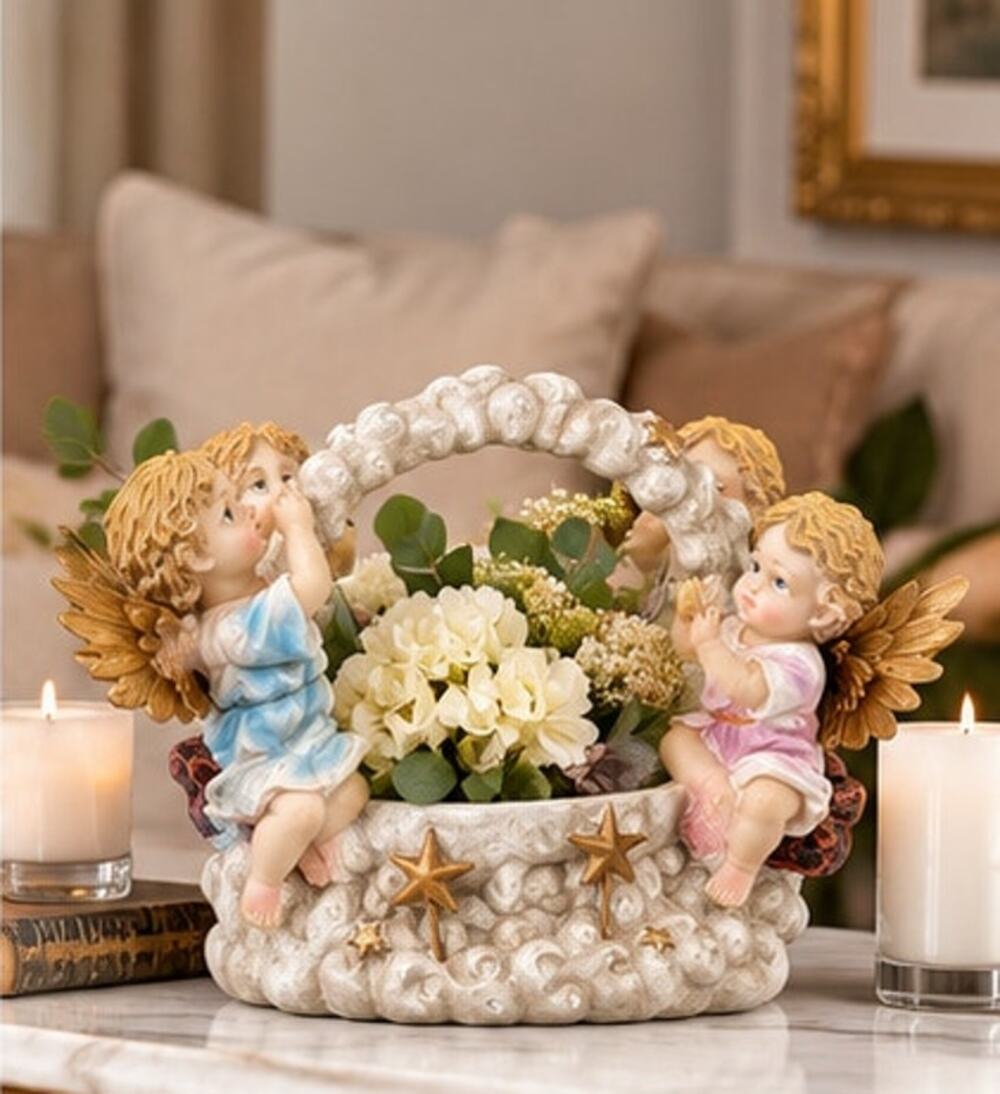 Vintage Cherub Angel Basket Centerpiece Gold Wings Stars Decorative Bowl